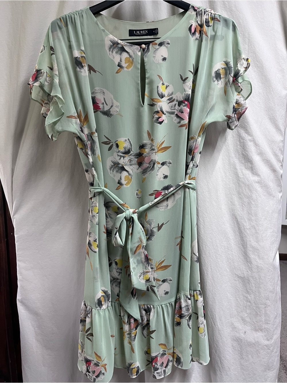 Lauren Ralph Lauren Dress Womens 12 Green Floral Chiffon Keyhole Ruffle Hem Boho